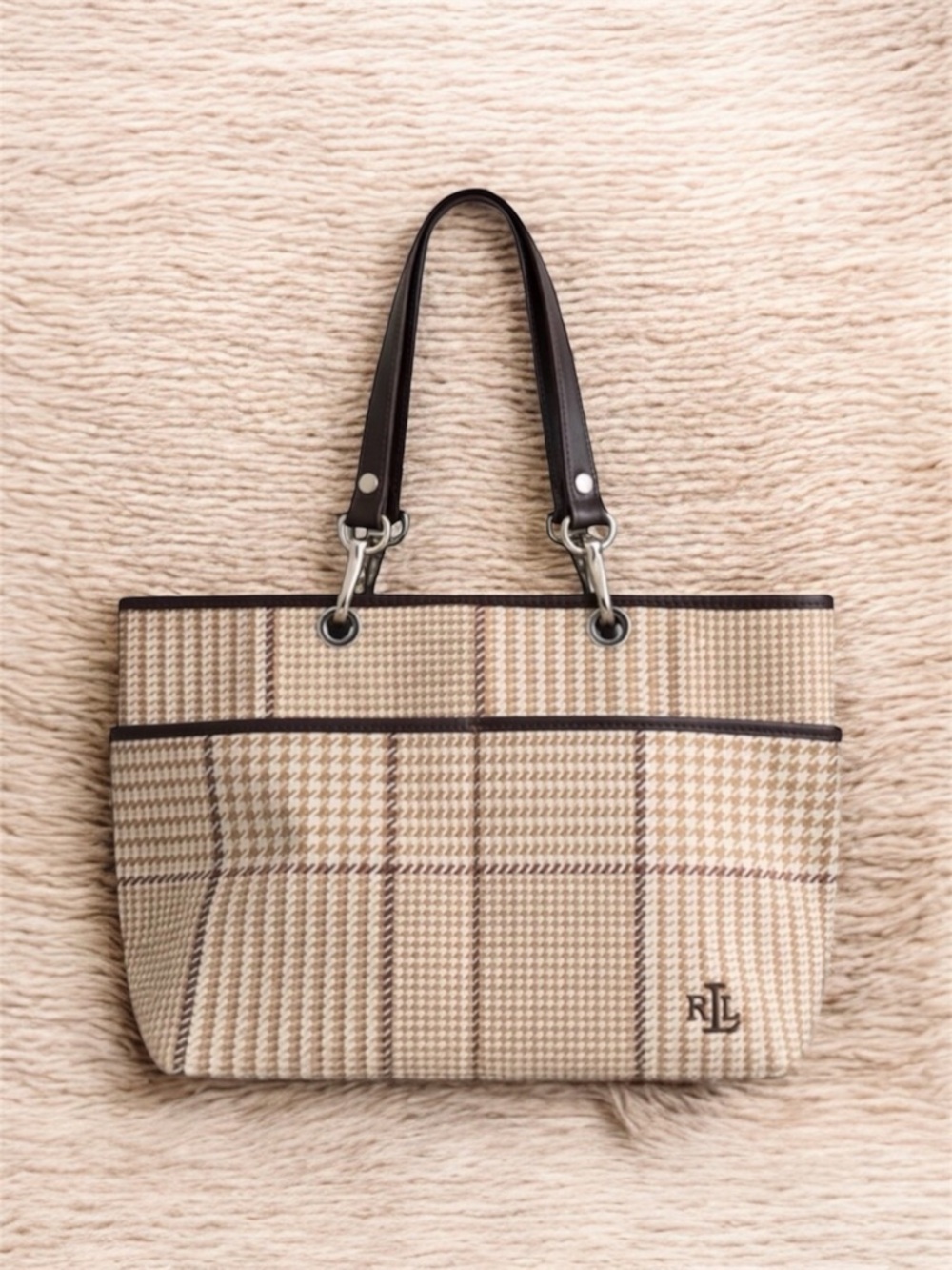 Lauren Ralph Lauren Y2K Houndstooth Plaid Canvas tote bag with Leather trim